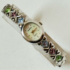 Vintage Elgin Mother Of Pearl Women's Rhinestone Bracelet Watch Silver ELT269ST